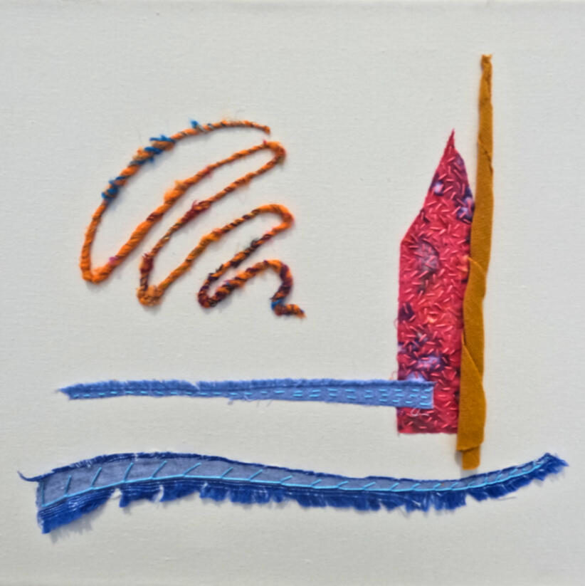 abstract slow stitch on canvas entitled "February" featuring blue denim, handspun sari yarn, pink batik and mustard knit